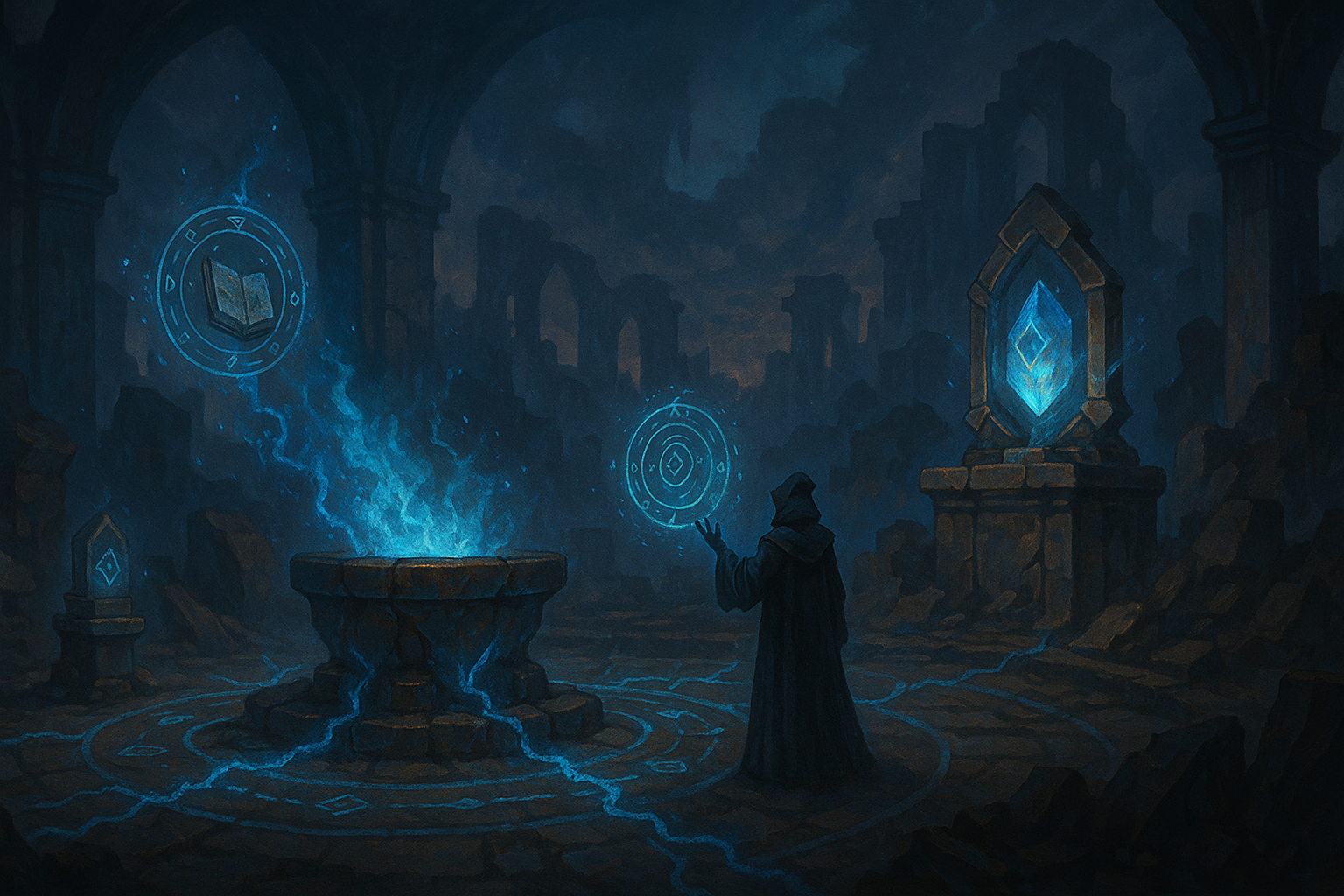Arcane Assembly - A cracked magic forge with leaking blue energy and floating relics